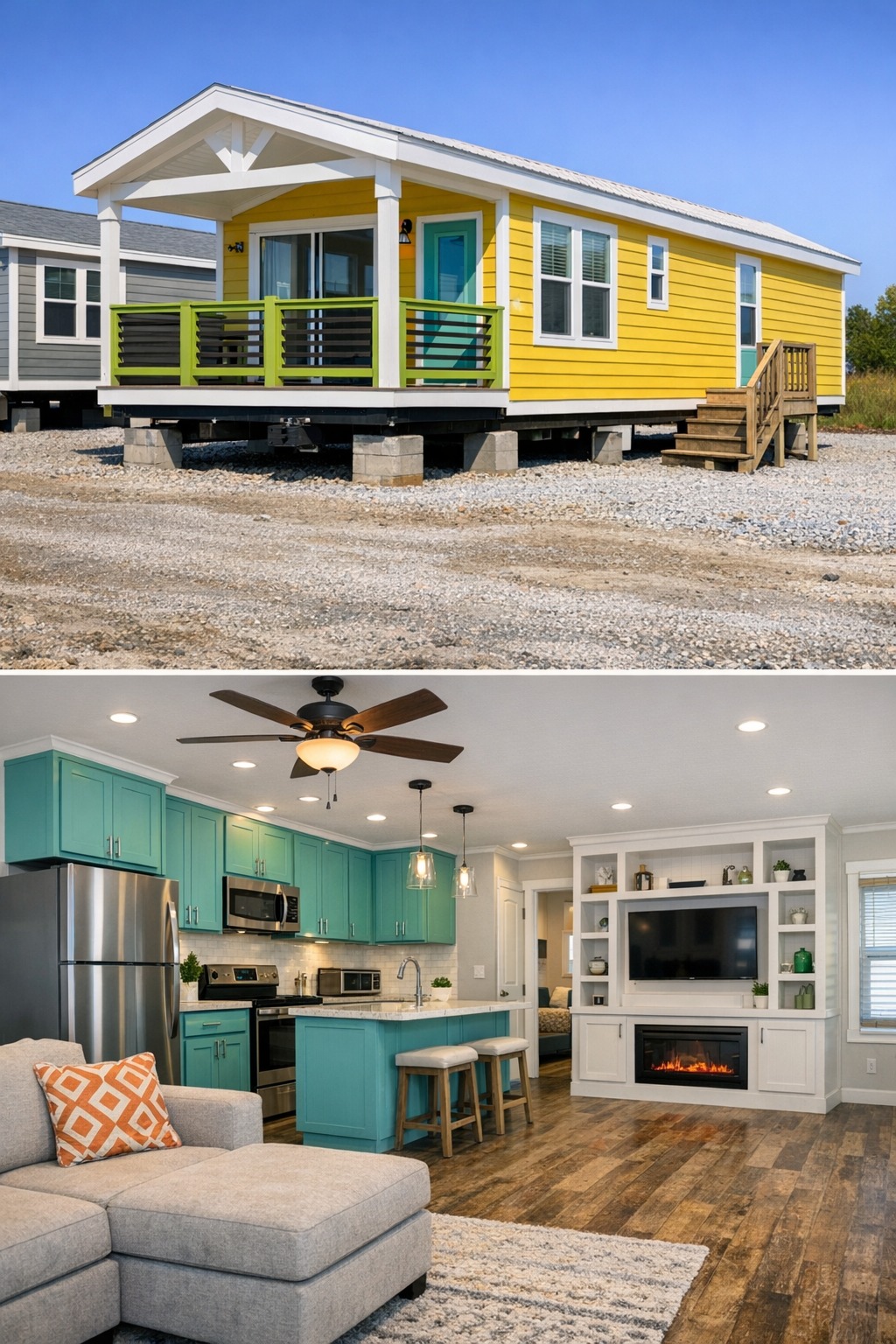 Vibrant coastal-inspired tiny modular home priced affordably featuring bright sunny yellow exterior siding with crisp white trim bold turquoise accent door lime green porch railings spacious wraparound covered deck elevated on concrete piers wooden steps large sliding glass doors abundant natural light open-concept interior with cheerful teal shaker kitchen cabinets quartz countertops central island bar seating stainless steel appliances built-in electric fireplace entertainment center plush gray sectional sofa neutral area rug warm wood-look flooring vaulted ceilings recessed lighting ceiling fan creating an eye-catching cheerful beachy 2-bedroom 1-bath tiny house perfect for vacation retreat downsizing starter home or budget dream living with high curb appeal and cozy functional layout.