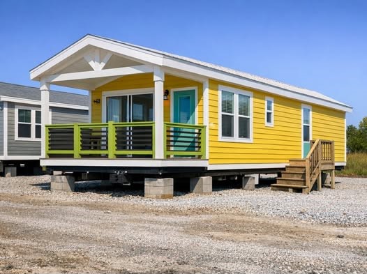 Vibrant beachy tiny home exterior in cheerful yellow siding with crisp white trim accents modern gabled roofline welcoming covered front porch featuring bold lime green railings and support posts large sliding glass doors turquoise entry door energy-efficient windows abundant natural light elevated foundation on concrete blocks wooden steps to porch gravel lot under bright blue sky ideal affordable 2-bedroom modular tiny house cabin vacation retreat or starter home with eye-catching curb appeal colorful coastal farmhouse style perfect for downsizing beach living or budget-friendly dream manufactured tiny home model.