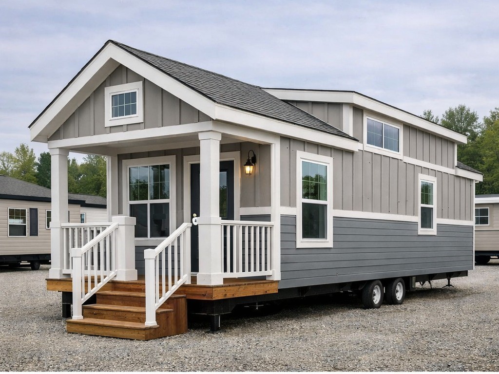 Modern luxury single-wide manufactured home for sale featuring a sophisticated two-tone grey and charcoal vertical siding exterior with a large gabled front porch, white columns, and a vaulted entry, showcasing a high-end compact lifestyle design with multi-pane windows and a professional mobile chassis for a move-in ready turn-key residential property.