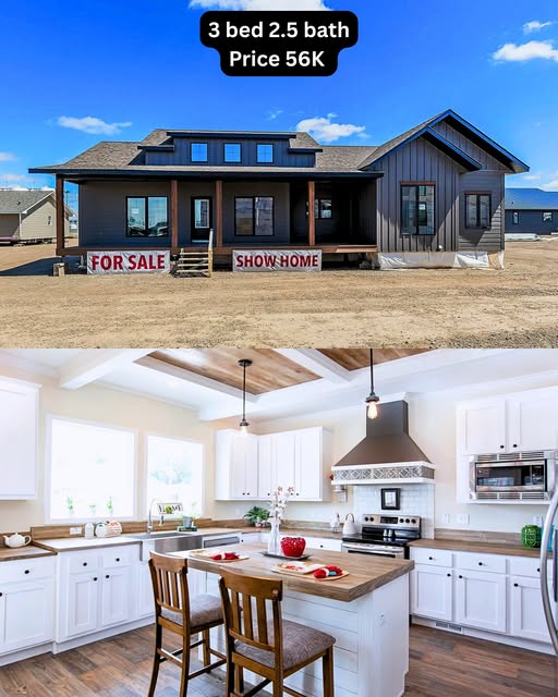 Modern luxury farmhouse-inspired kitchen and exterior featuring white shaker cabinets, butcher block countertops, and a large central island with seating, paired with a contemporary dark grey modular home exterior showcasing vertical board and batten siding, a covered front porch, and black-trimmed windows for a high-end 3-bedroom affordable residential floor plan.
