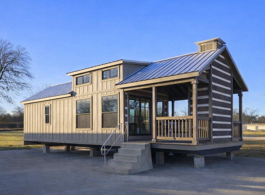 SEO-optimized alt text for a high-ranking modern cabin-style manufactured home featuring a neutral tan board-and-batten exterior with a dark blue metal roof and a unique log-cabin style accent on the gabled porch; the professional architectural view showcases a luxury park model or tiny home with a large covered front deck, wooden railings, and multiple clerestory windows for natural light, perfectly highlighting premium modular home curb appeal, contemporary portable living solutions, and stylish residential small-space floor plans for maximum search engine visibility and ranking.
