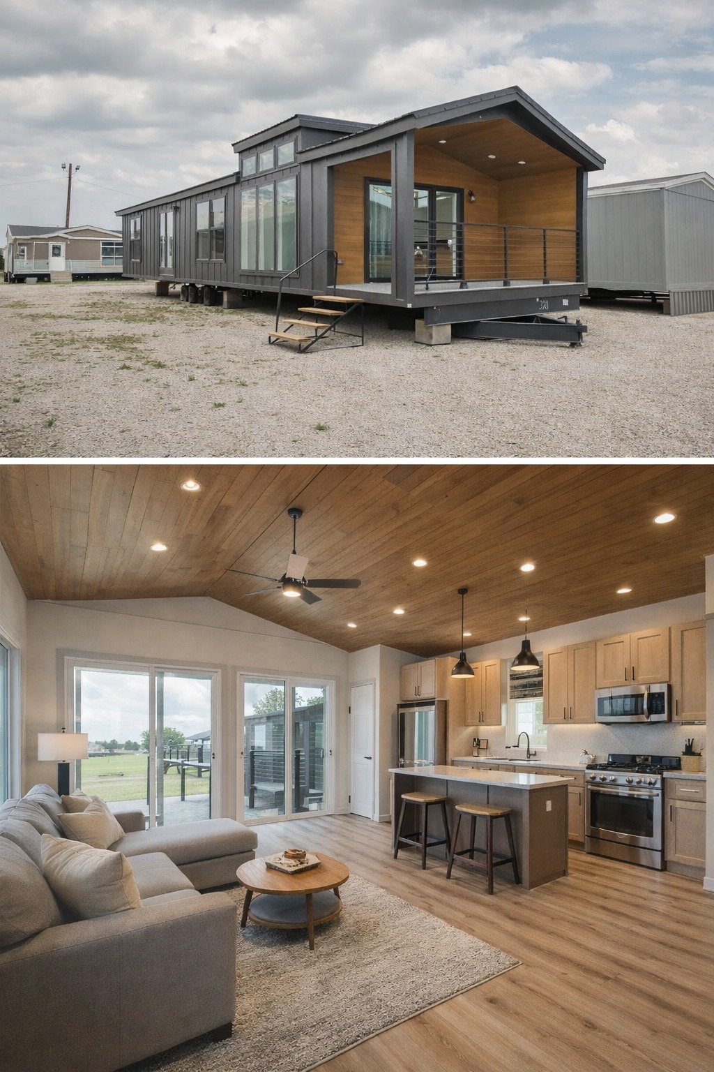 SEO-optimized alt text for a modern luxury tiny house featuring a dark charcoal gray board-and-batten exterior, a spacious covered front porch with natural wood-plank siding and recessed LED lighting, and large floor-to-ceiling windows that maximize natural light; this premium park model home showcases contemporary architectural design, a sleek metal roof, and an open-concept living space, perfectly suited for high-end mobile living, off-grid vacation rentals, or stylish accessory dwelling units (ADUs) in a minimalist aesthetic.