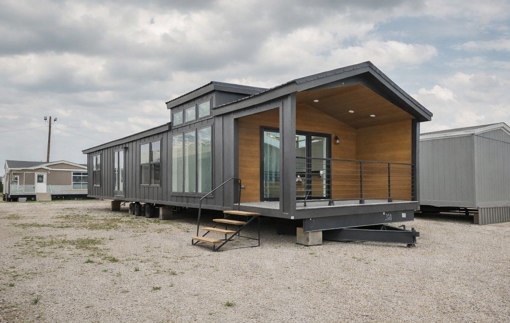 SEO-optimized alt text for a modern luxury tiny house featuring a dark charcoal gray board-and-batten exterior, a spacious covered front porch with natural wood-plank siding and recessed LED lighting, and large floor-to-ceiling windows that maximize natural light; this premium park model home showcases contemporary architectural design, a sleek metal roof, and an open-concept living space, perfectly suited for high-end mobile living, off-grid vacation rentals, or stylish accessory dwelling units (ADUs) in a minimalist aesthetic. Would you like me to focus on the interior layout or the specific construction materials for another version?