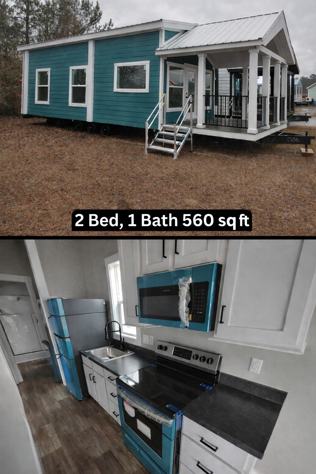 
Gemini said
Modern compact kitchen interior in a 560 sq ft tiny home featuring white shaker cabinets with black hardware, sleek black countertops, a stainless steel top-mount sink, and contemporary appliances including a black refrigerator and electric range with a matching over-the-range microwave, all set on wood-look vinyl flooring to showcase an efficient 2-bedroom 1-bath small house floor plan.