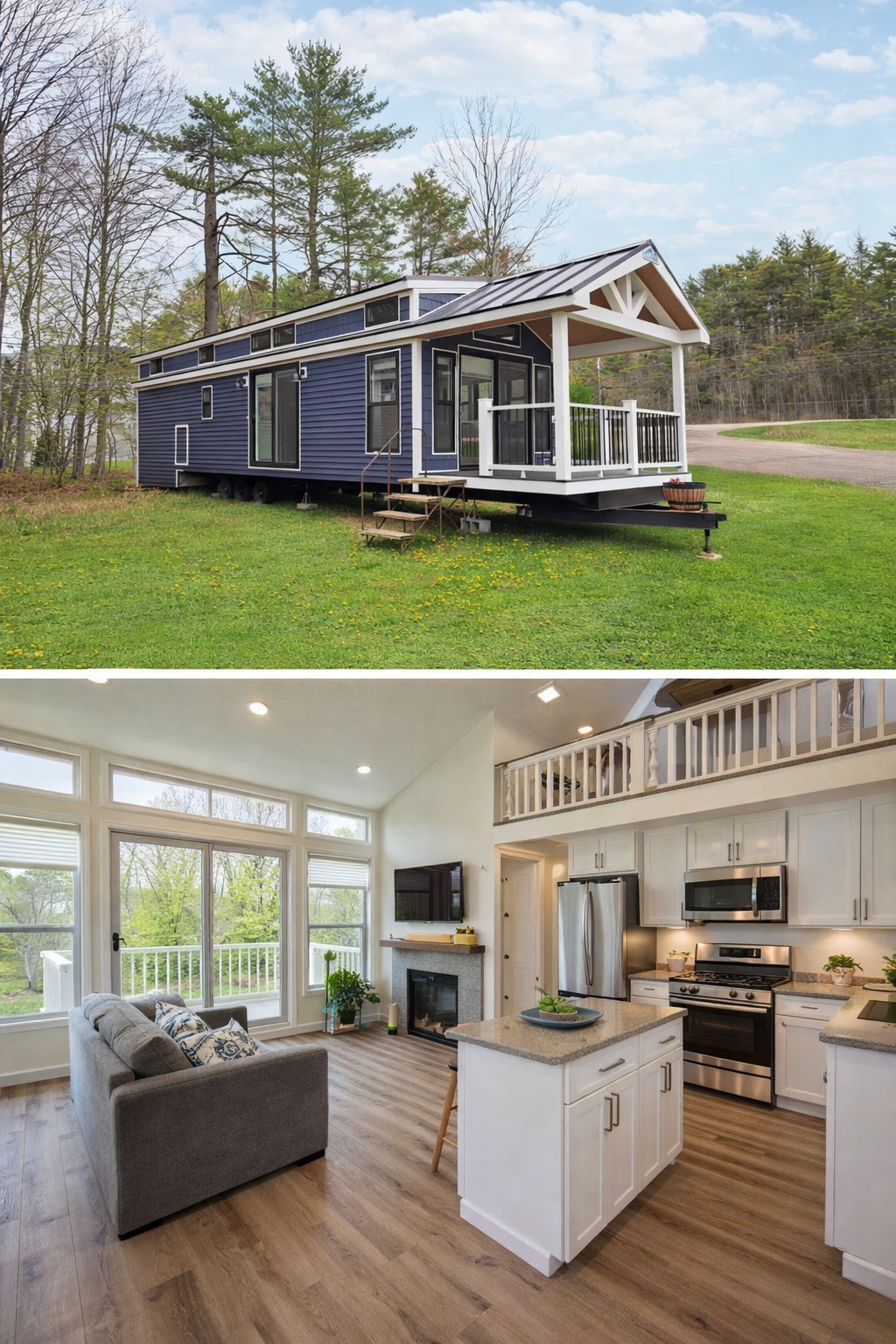 High-ranking SEO-optimized gallery of luxury tiny homes and modern manufactured housing, showcasing a navy blue park model with a spacious screened porch, a light blue beach cottage with a vaulted white shiplap interior and gourmet kitchen, and a large white ranch-style modular home with brick skirting; the collection highlights premium mobile living, innovative small-space architectural design, and contemporary interior decor featuring vaulted wood-plank ceilings, LED-accented tray ceilings, stainless steel appliances, and stylish living areas for maximum search visibility.

Would you like me to generate specific alt text for the interior bedroom or kitchen shots instead?