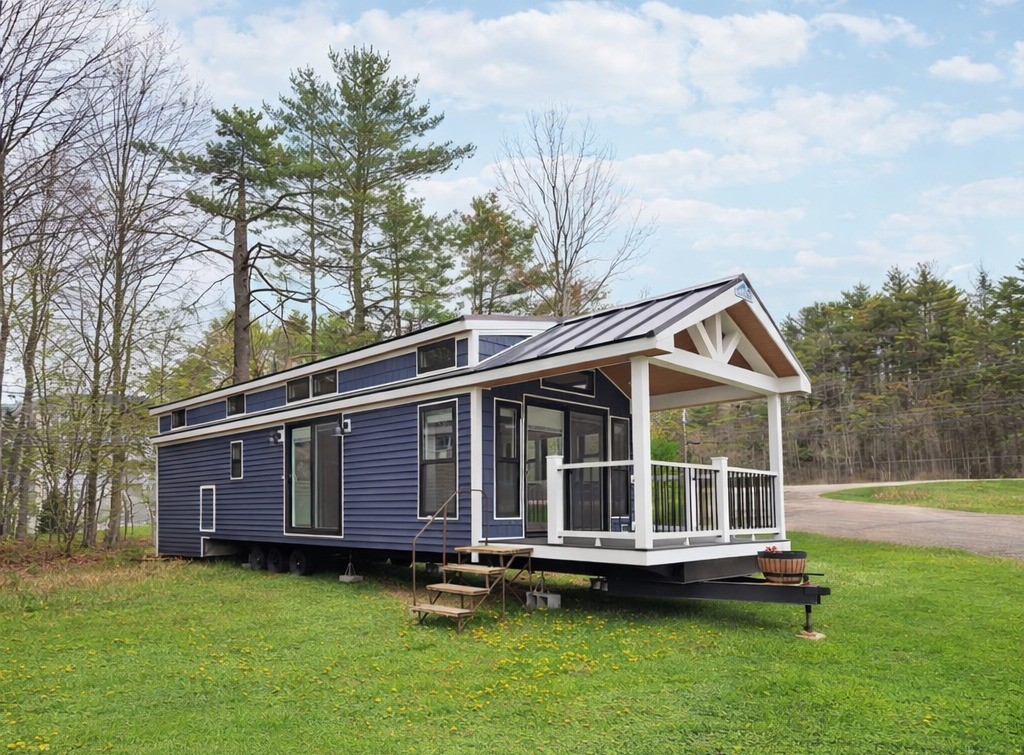 High-ranking SEO-optimized gallery of luxury tiny houses and modern manufactured homes, featuring a navy blue park model with a spacious screened porch and white trim, a light blue beach cottage with a vaulted white shiplap interior and gourmet kitchen, and a large white ranch-style modular home with brick skirting; the collection highlights premium mobile living, innovative small-space architectural design, and contemporary interior decor featuring vaulted wood-plank ceilings, stainless steel appliances, and stylish living areas for maximum search visibility.