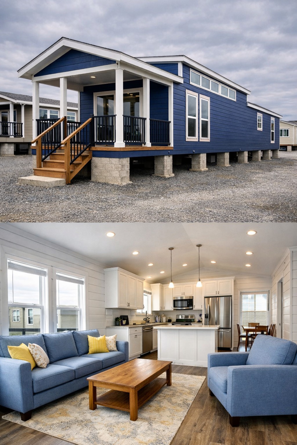 Modern luxury tiny home for sale featuring a deep navy blue horizontal lap siding exterior with crisp white trim and a large gabled front porch, alongside a bright open-concept interior including a blue sofa with yellow accents, a high-end white shaker kitchen with stainless steel appliances, and premium wood-look flooring under a vaulted shiplap ceiling for a 100% move-in ready turn-key residential design.