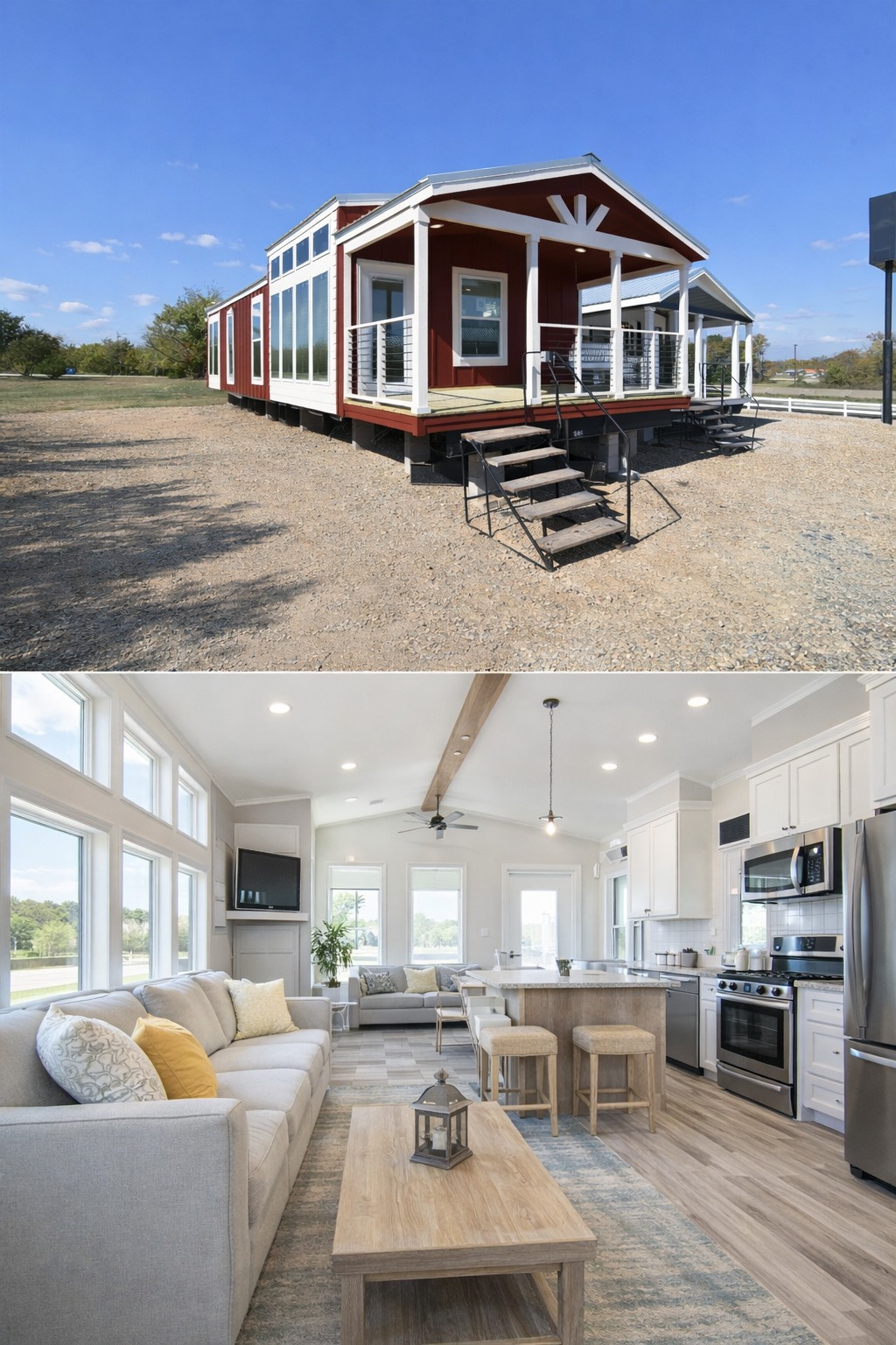 SEO-optimized alt text for a high-ranking modern manufactured home or luxury park model featuring a professional composite view of a classic barn-red board-and-batten exterior with a spacious gabled front porch alongside a sophisticated open-concept interior; the design showcases a bright living area with vaulted ceilings, a contemporary kitchen island with seating, premium stainless steel appliances, and a cozy seating arrangement with large windows for abundant natural light, perfectly highlighting luxury tiny house floor plans and stylish modular residential finishes for maximum search engine visibility and ranking.