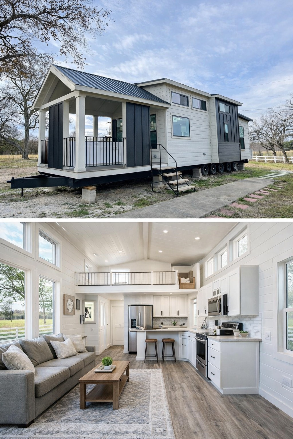 Modern luxury tiny home for sale featuring a dual-view showcase of a high-end white lap siding exterior with a sophisticated black board and batten gabled porch, alongside a bright open-concept interior including a white shaker-style kitchen with a breakfast bar, stainless steel appliances, and a cozy grey sofa in a living area with a private sleeping loft for a 100% move-in ready turn-key residential design.