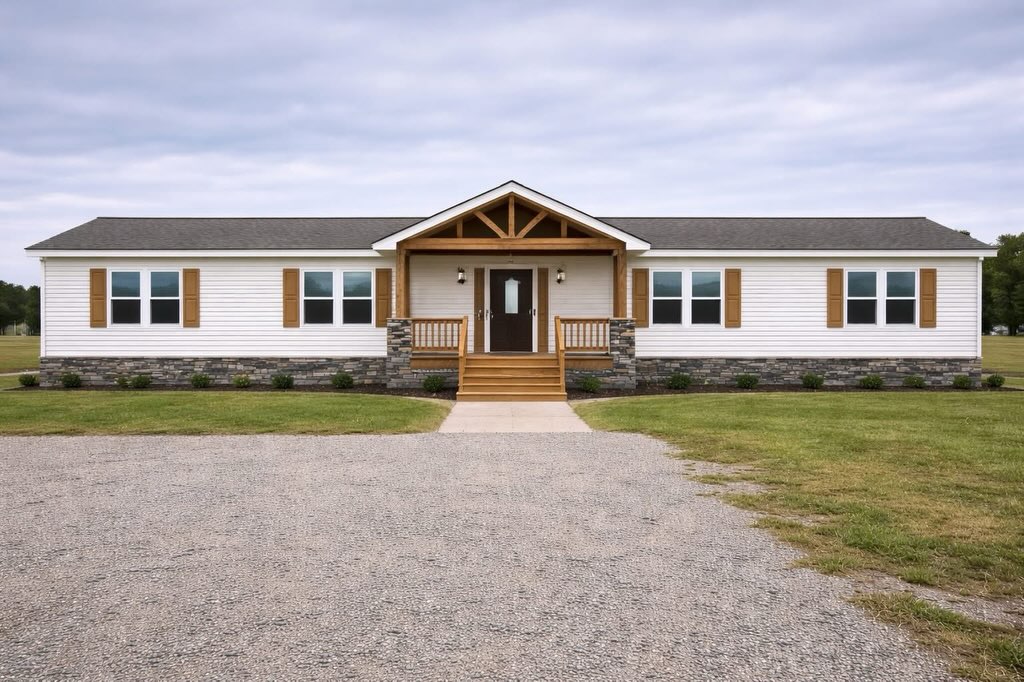 SEO-optimized alt text for a high-ranking luxury double-wide manufactured home exterior featuring a professional architectural design with a grand vaulted timber-frame front porch and stone-skirted foundation; the symmetrical view showcases a premium white prefab residence with energy-efficient windows, decorative cedar-colored shutters, and a welcoming dark-wood front door, perfectly highlighting spacious multi-section mobile home floor plans, upscale ranch-style curb appeal, and high-end residential modular home finishes for maximum search engine visibility and ranking.