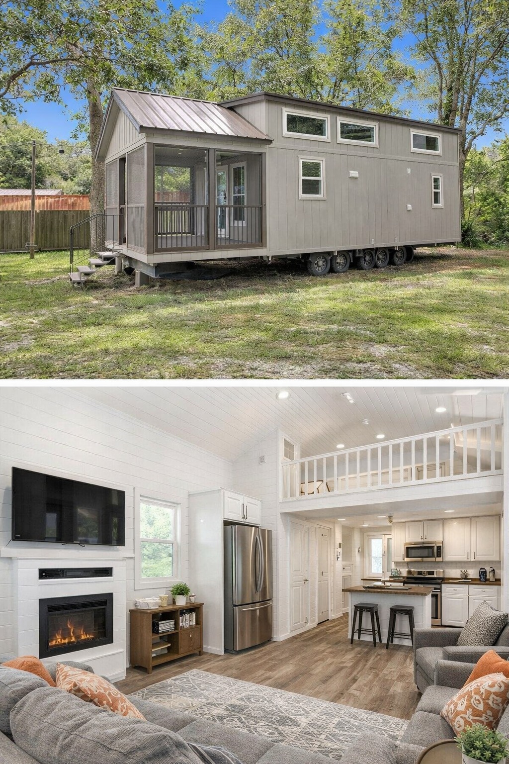 SEO-optimized alt text for a high-ranking luxury park model tiny home interior featuring a professional modern open-concept living room and kitchen area; the architectural view showcases a bright white shiplap interior with a vaulted ceiling and a spacious sleeping loft with a white safety railing, complemented by a cozy seating area with a large wall-mounted flat-screen TV over a contemporary white electric fireplace, a functional kitchen island with breakfast bar seating, and premium stainless steel appliances, all set against durable wide-plank wood-style flooring to highlight luxury prefab tiny house floor plans, upscale small-space interior decor, and high-end residential mobile living solutions for maximum search engine visibility and ranking.