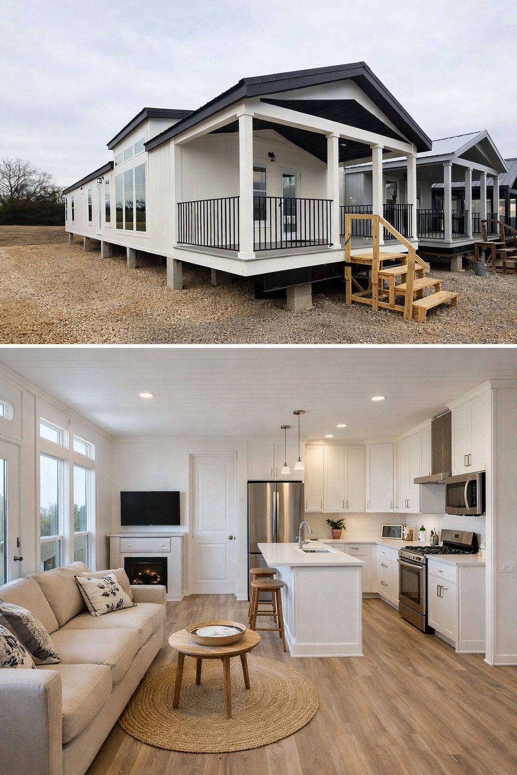 Modern farmhouse tiny home on piers with wrap-around porch, black metal roof, white board and batten siding, large windows, spacious open-concept interior featuring bright white shaker kitchen cabinets, large kitchen island, stainless steel appliances, cozy electric fireplace, light wood flooring, neutral beige sofa and rustic round jute rug – SEO optimized alt text for tiny house design inspiration.