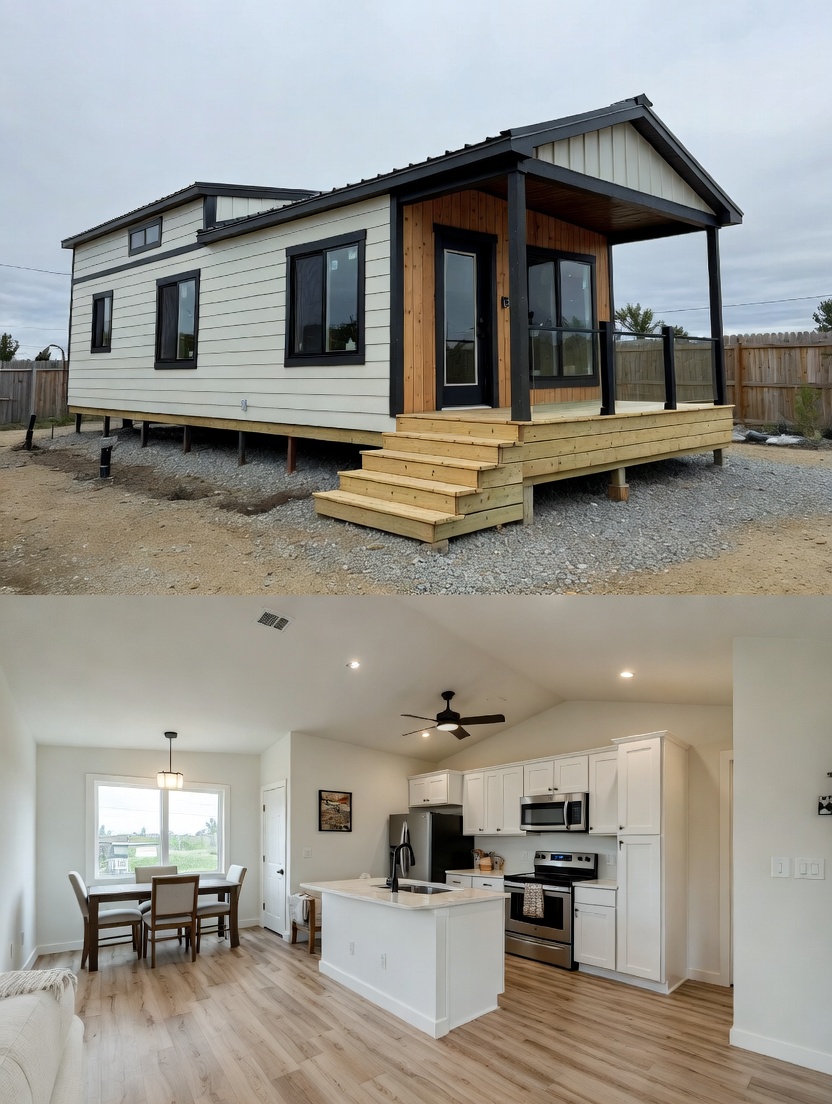 Modern luxury tiny home for sale featuring a dual-view showcase of a high-end white board and batten exterior with bold black trim and a natural wood-siding accent on the gabled porch, alongside a bright open-concept interior including a functional white shaker kitchen with a central island and a dedicated dining area with premium wood-look flooring for a 100% move-in ready turn-key residential design.