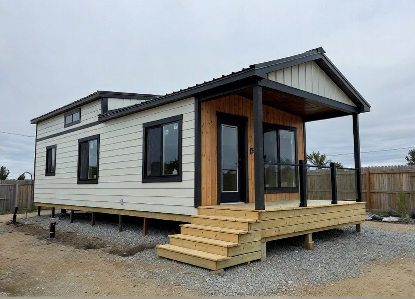 Modern luxury tiny home for sale featuring a sophisticated white board and batten exterior with bold black trim and a natural wood-siding accent wall on the gabled front porch, showcasing a large elevated wooden deck with black-framed glass railings and energy-efficient black-framed windows for a high-end move-in ready turn-key residential living experience.