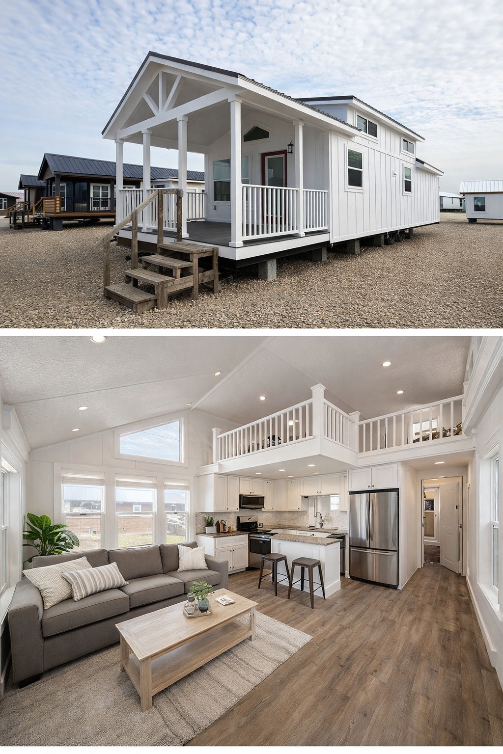 A modern tiny house with a white exterior and small porch on gravel. Inside, a bright open-plan living area with cozy gray sofa, kitchen, and loft.