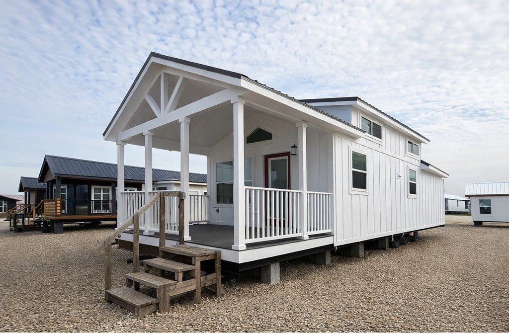 Tiny white house with a small porch and gabled roof on a gravel lot under a partly cloudy sky. Nearby are other similar tiny homes.
