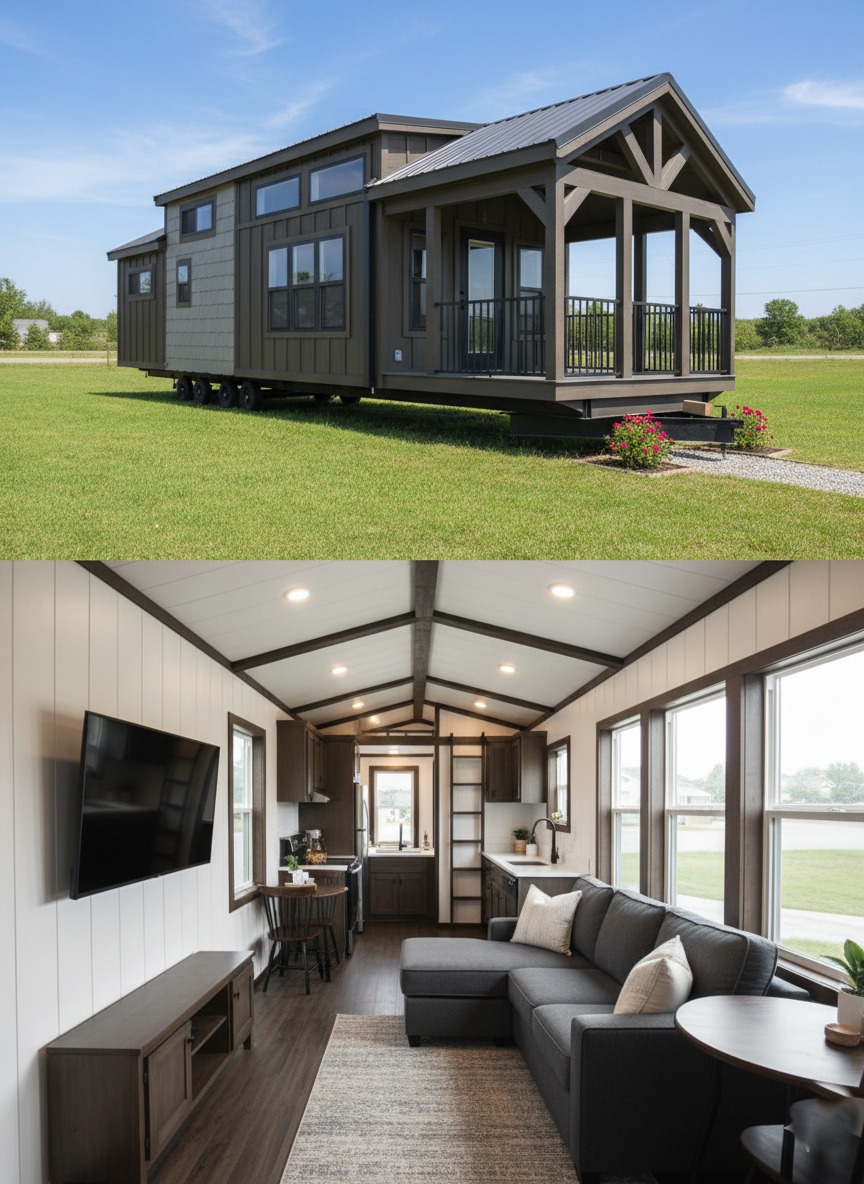 Luxurious two-story dark charcoal gray tiny home on wheels with modern farmhouse architecture featuring expansive wraparound screened porch with timber framing and black metal railings, gabled metal roof with decorative braces, large grid windows and clerestory glass for abundant natural light, board and batten siding in deep gray tones, elevated trailer chassis foundation, vibrant flower beds at entry, interior showcasing vaulted shiplap ceiling with exposed beams, spacious open-concept living area with dark gray sectional sofa, wall-mounted TV, compact kitchen with dark cabinetry, farmhouse sink, and seamless flow to bright airy layout perfect for premium tiny house living, off-grid luxury, sustainable modular homes, or upscale vacation retreats.