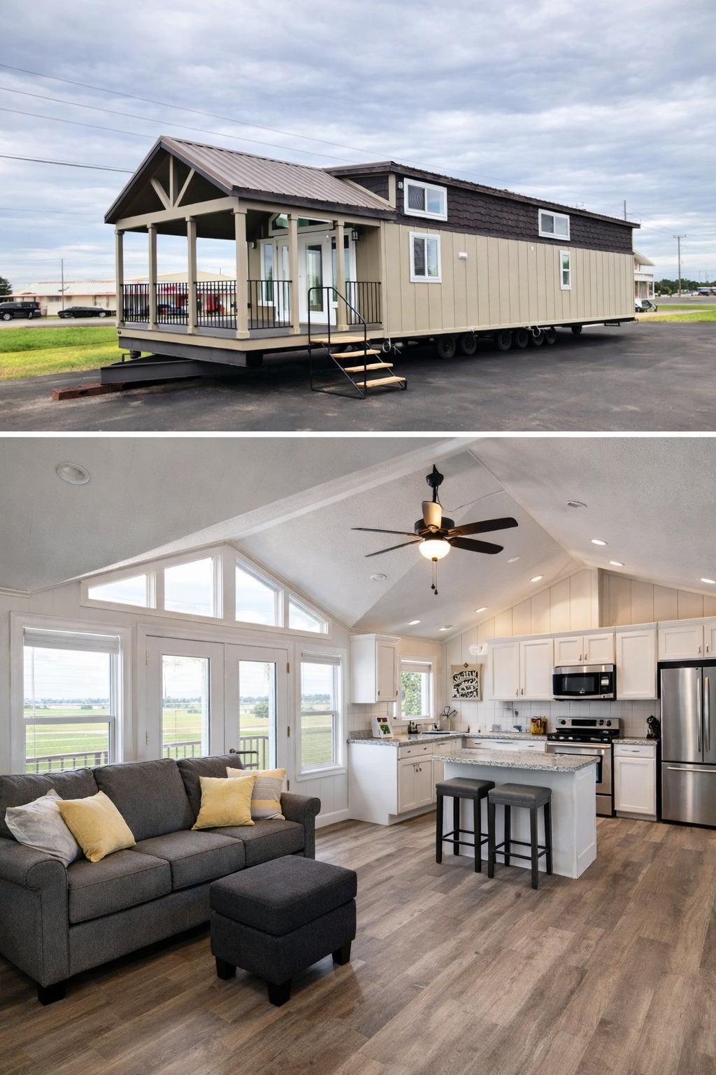 Modern luxury tiny home for sale featuring a dual-view showcase of a sophisticated tan and chocolate brown board and batten exterior with a large gabled front porch, alongside a bright open-concept interior including a grey tufted sofa with yellow accents, a high-end white shaker kitchen with granite countertops, and premium wood-look flooring under a vaulted shiplap ceiling for a 100% move-in ready turn-key residential design.