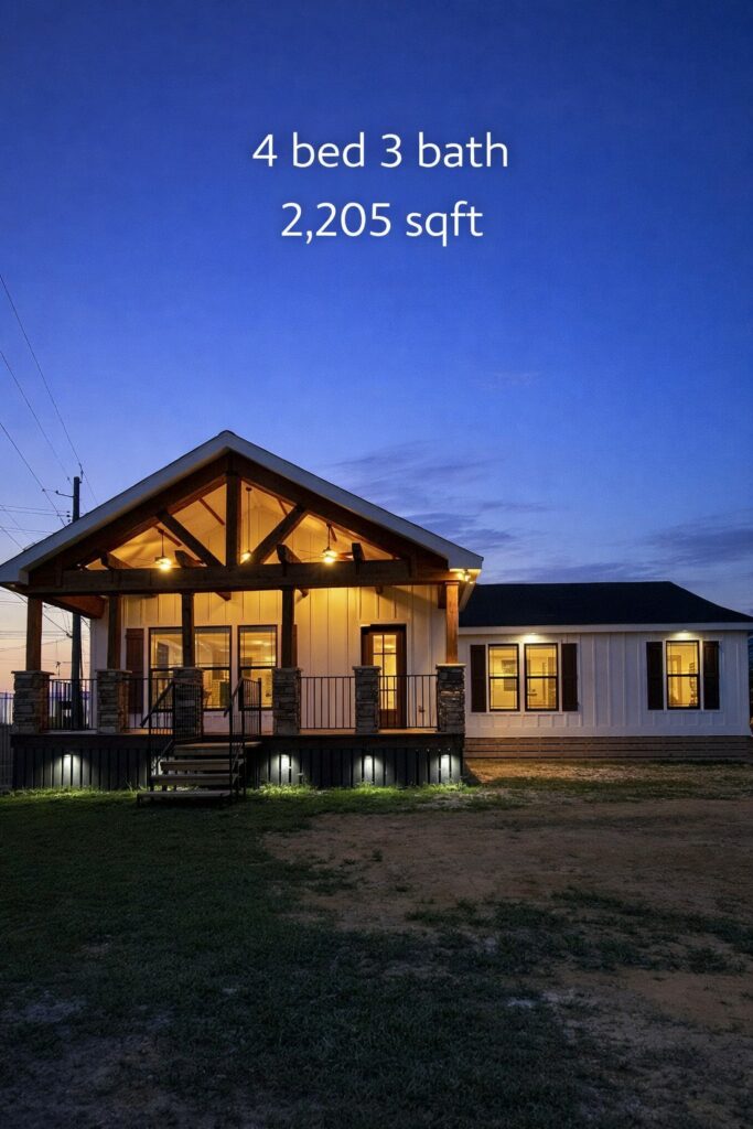Modern luxury 4-bedroom 3-bath manufactured home exterior at dusk featuring a grand gabled front porch with exposed timber beams, rustic stone pillars, and warm recessed lighting, showcasing a 2,205 sq ft move-in ready turn-key residential design with white vertical siding and dark shutters for high-end curb appeal.