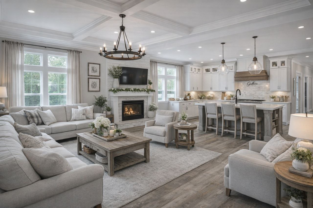 
Gemini said
Modern transitional open-concept living room and kitchen featuring a white stone fireplace with a rustic wood mantle, a large grey sectional sofa, and a gourmet kitchen with white shaker cabinets, marble-style countertops, and a central island with upholstered barstools, all highlighted by elegant coffered ceilings, a wagon wheel chandelier, and light oak hardwood flooring for a luxury home interior design.