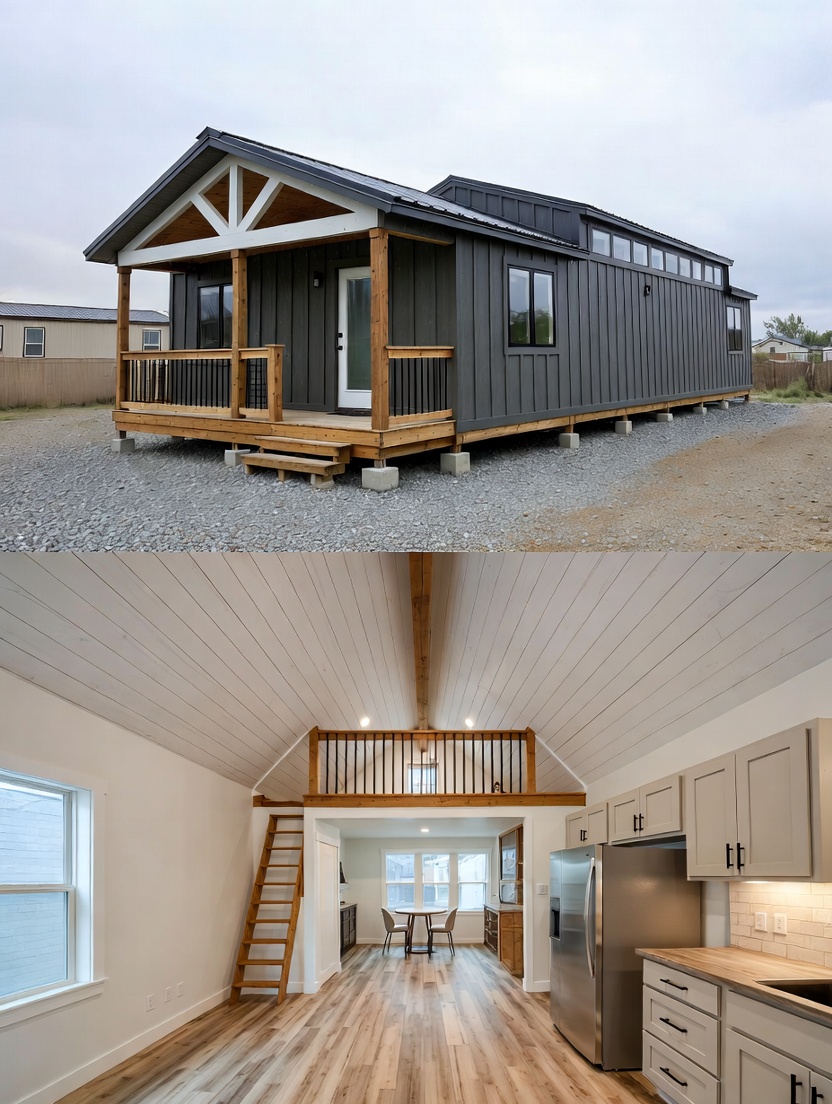 Modern luxury tiny home for sale featuring a dual-view showcase of a sophisticated charcoal grey vertical siding exterior with a large gabled front porch and natural wood columns, alongside a bright open-concept interior including a minimalist white kitchen with stainless steel appliances, a natural wood ladder leading to a cozy loft, and premium wood-look flooring for a high-end move-in ready turn-key residential design.
