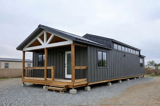Modern luxury single-wide manufactured home for sale featuring a sophisticated charcoal grey vertical siding exterior with a large gabled front porch, natural wood columns, and white structural accents, showcasing a high-end move-in ready turn-key residential design with energy-efficient windows and a durable elevated foundation for a premium tiny home lifestyle.