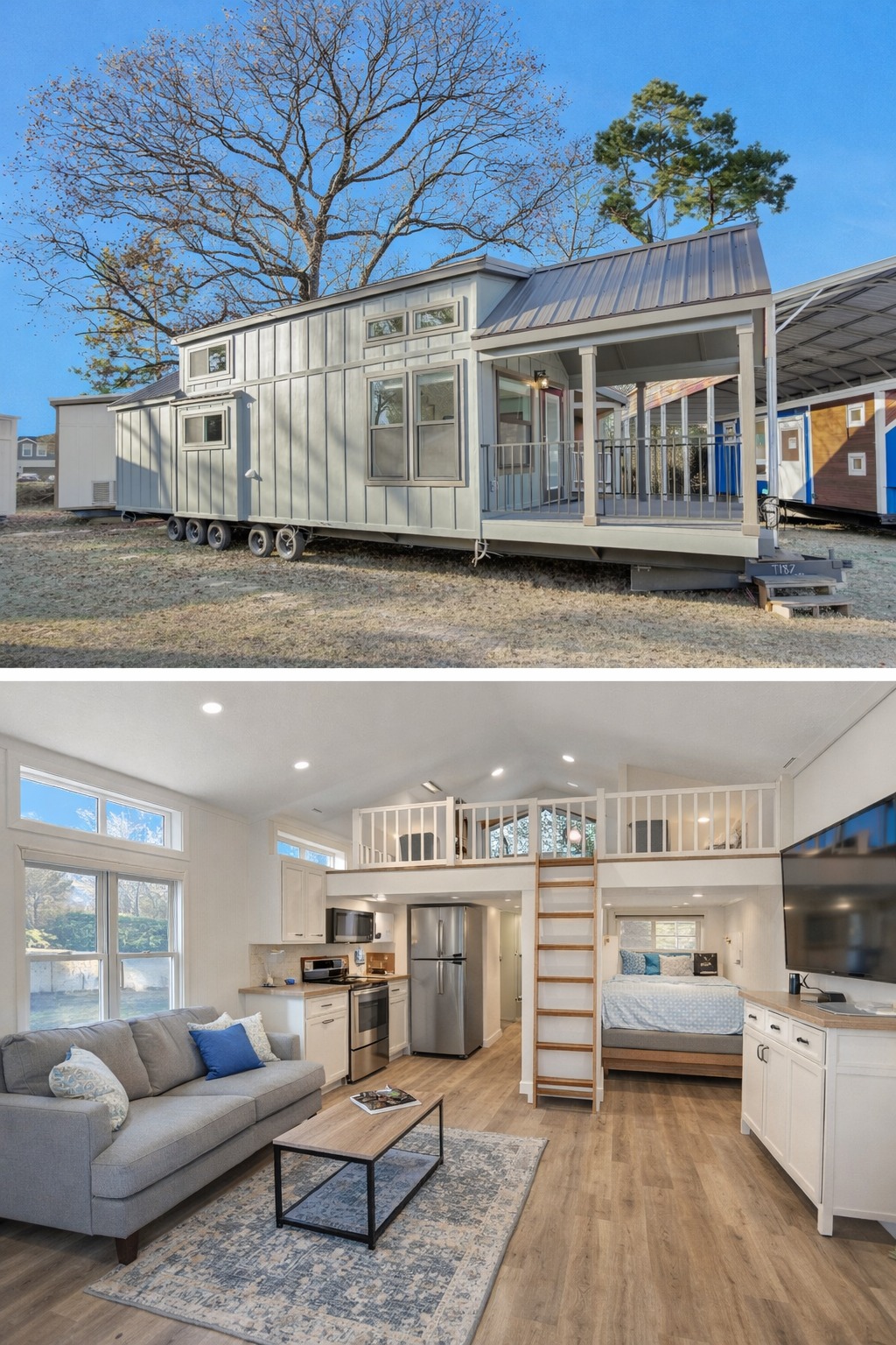 Modern luxury 1-bedroom park model tiny home for sale featuring a sophisticated light grey vertical board and batten exterior, a brown metal gabled roof, and a built-in front porch for premium outdoor living. The high-end architectural design includes a multi-axle portable chassis for mobility and transitions into a bright, airy open-concept interior with a vaulted ceiling, a spacious loft accessible via a wooden ladder, and a gourmet kitchen with stainless steel appliances. This professional "full rank" SEO-optimized small-space solution showcases a cozy living area with a plush grey sofa, a dedicated bedroom nook with blue accents, and energy-efficient clerestory windows, making it an ideal choice for a custom-built vacation retreat, stylish backyard accessory dwelling unit (ADU), or luxury prefab manufactured residence.