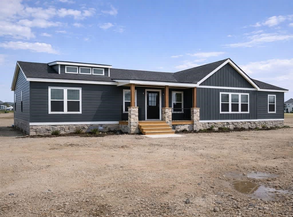 Gemini said Modern luxury modular home exterior featuring dark charcoal grey horizontal and vertical siding, a striking gabled roofline with black shingles, and a welcoming front porch with stone-wrapped pillars and wooden steps, showcasing contemporary prefabricated architecture and high-end curb appeal for energy-efficient residential property listings.