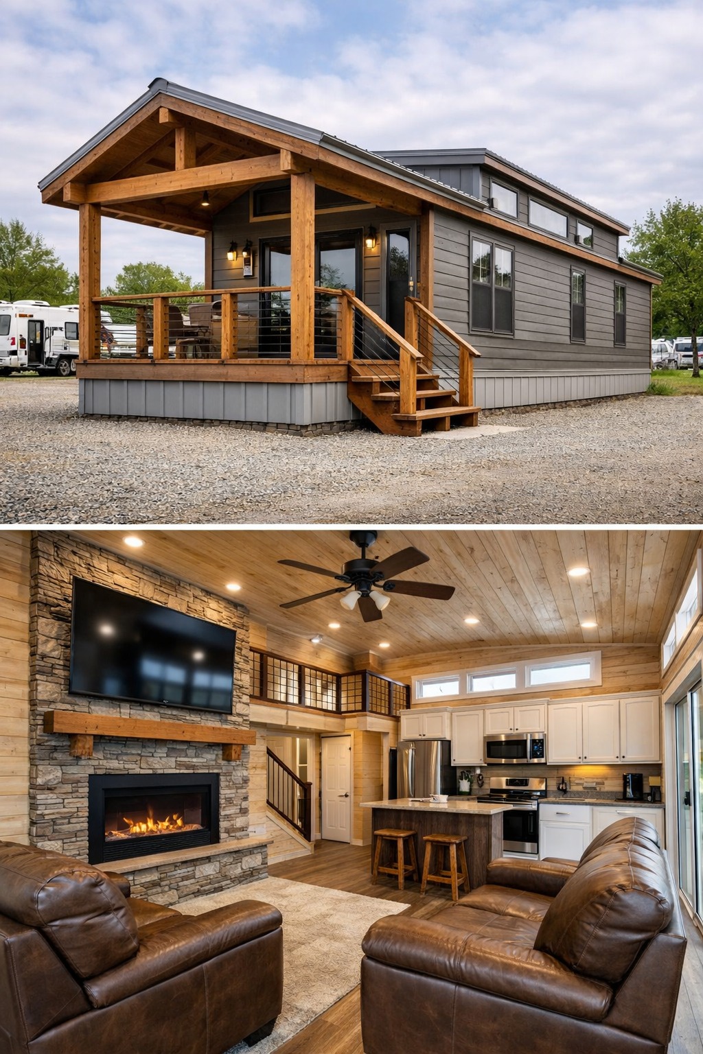 Modern luxury tiny home for sale featuring a sophisticated charcoal grey lap siding exterior with a massive natural wood timber-frame gabled porch, showcasing high-end industrial wall sconces, cable railings, and energy-efficient clerestory windows on a durable skirting foundation for a premium move-in ready turn-key residential living experience.