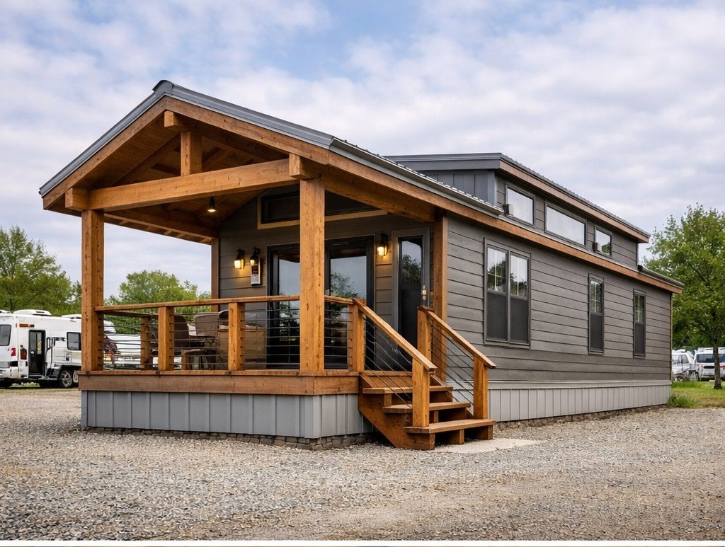 Modern luxury tiny home for sale featuring a sophisticated charcoal grey lap siding exterior with a massive natural wood timber-frame gabled porch, showcasing high-end industrial wall sconces, cable railings, and energy-efficient clerestory windows on a durable skirting foundation for a premium move-in ready turn-key residential living experience.