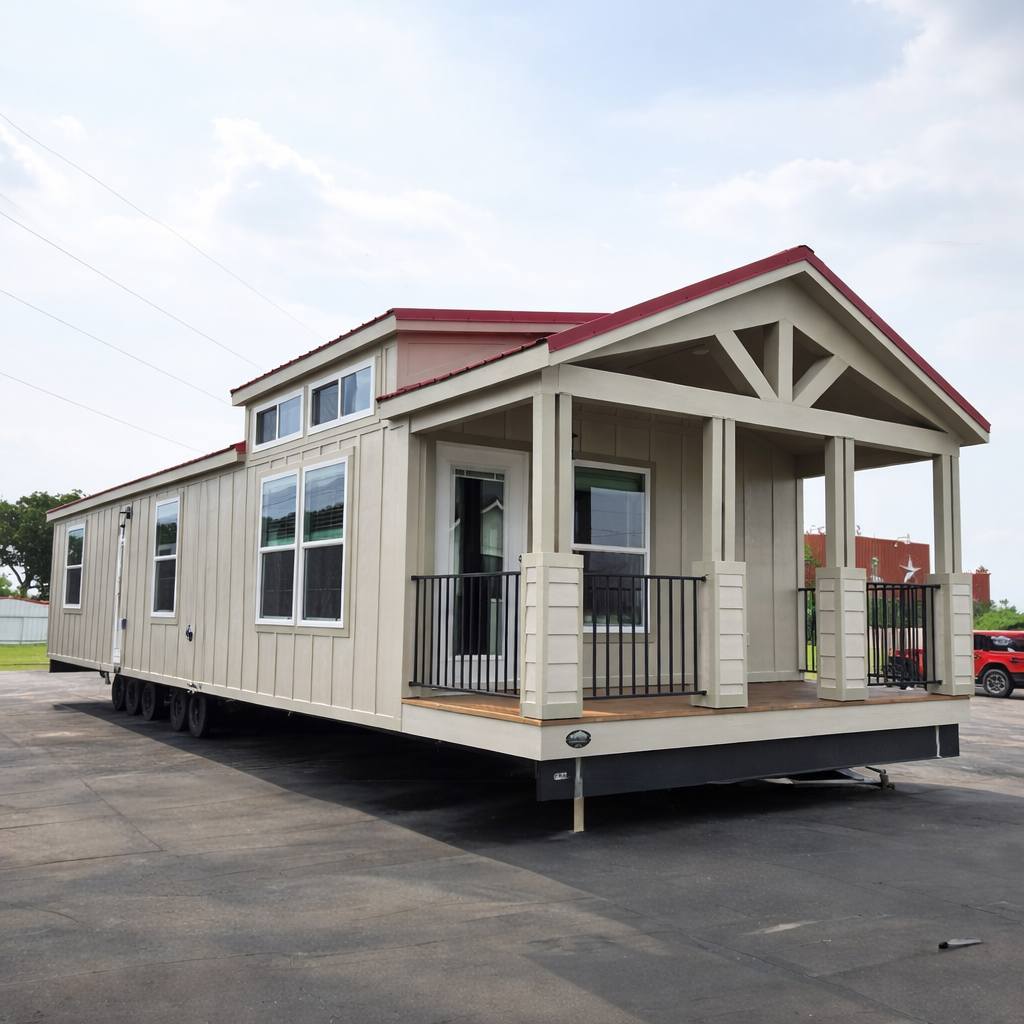 Modern luxury park model modular home featuring a sophisticated beige vertical board and batten exterior, a striking red metal roof, and a large integrated front porch with a decorative timber gable truss. The contemporary architectural design showcases energy-efficient clerestory windows, black industrial-style railings, and a spacious wood-plank deck, offering a premium and stylish small-space housing solution perfect for high-end prefab living or a custom vacation cottage with exceptional curb appeal.