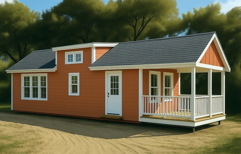 Modern luxury single-wide manufactured home for sale featuring a vibrant burnt orange horizontal siding exterior with crisp white trim, a large gabled front porch with white railings, and a multi-pane window design, showcasing a compact and stylish move-in ready turn-key residential property perfect for a tiny home lifestyle.