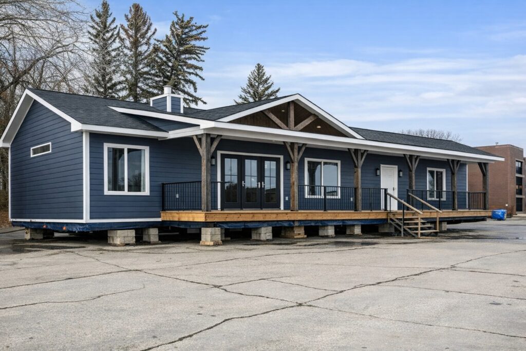 Modern luxury double-wide manufactured home exterior with striking navy blue vertical siding white trim accents, large covered front porch supported by rustic wooden timber posts and beams, wide wooden deck with black metal railings, double French entry doors flanked by sidelights, multiple large windows including transom styles, gable roof with dark asphalt shingles and white soffits, elevated on concrete block foundation with protective skirting wrap, contemporary farmhouse modular home design under clear blue sky with pine trees backdrop 2025 model ready for setup