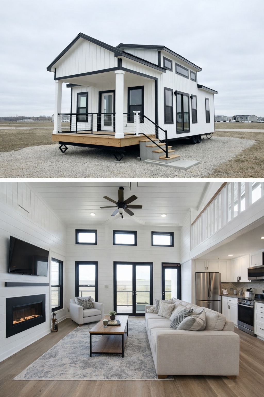 Cozy modern tiny house with white siding and black trim on a gravel lot. Interior features bright, open living space, high ceilings, and neutral decor.