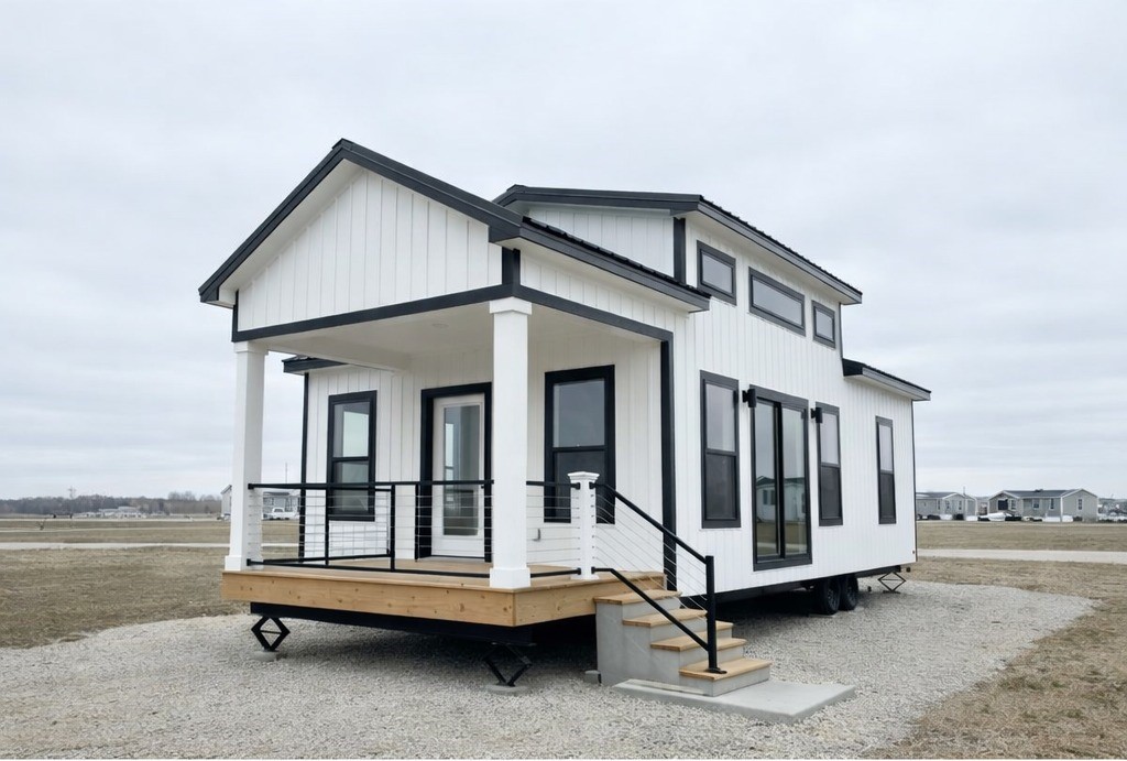A modern tiny house on wheels with a white exterior and black trim. It features large windows, a small porch with railing, and steps. The setting is a cloudy sky over a field, conveying a minimalist, serene vibe.
