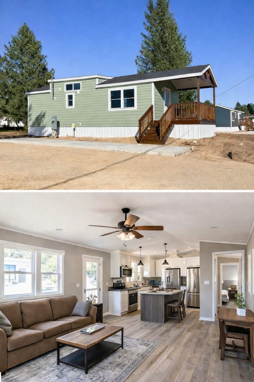 Modern luxury park model tiny home featuring sage green lap siding, a classic gabled roof, and a large covered front porch with stained wood railings and a matching staircase. The high-end architectural design is paired with an airy open-concept interior showcasing a vaulted ceiling with a rustic fan, premium wide-plank flooring, and a contemporary kitchen with a dark wood island and stainless steel appliances, providing a sophisticated and space-efficient floor plan for luxury prefab living or a custom vacation cottage.