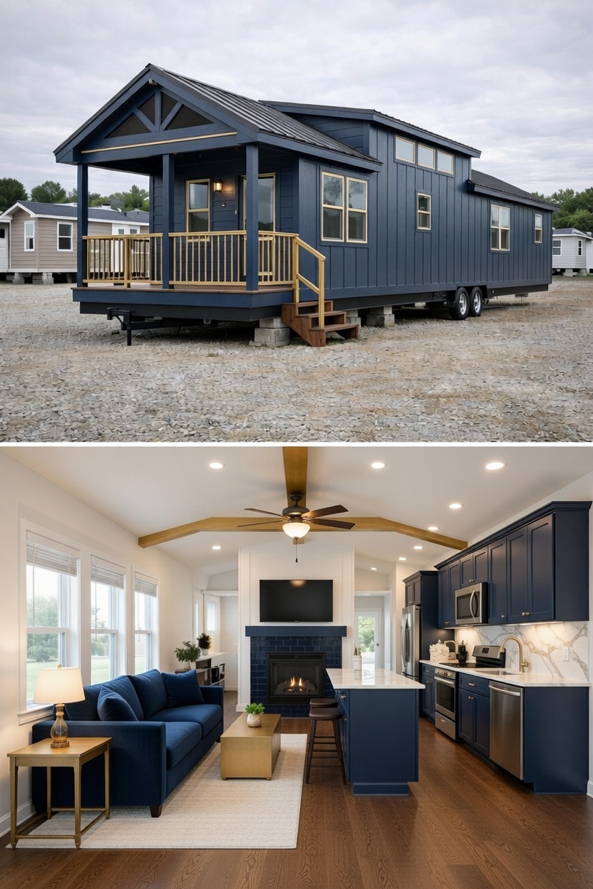 Modern luxury navy blue farmhouse-style park model tiny home exterior featuring a spacious integrated front porch with natural wood railings and a gabled roof with timber accents, while the interior showcases a sophisticated open-concept living area with a plush navy blue sofa, a matching blue-tiled fireplace, and a gourmet kitchen with deep blue shaker cabinetry, white marble countertops, and gold hardware. The high-end architectural design incorporates vaulted ceilings with natural wood beams, premium wide-plank wood flooring, and large energy-efficient windows that create a bright, airy atmosphere throughout the professional "full rank" SEO-optimized small-space living solution. This premium prefab unit represents the pinnacle of luxury tiny house design, making it an ideal choice for custom-built vacation retreats, stylish backyard accessory dwelling units (ADU), or upscale mobile cottage residences with maximum contemporary elegance and high-end curb appeal.