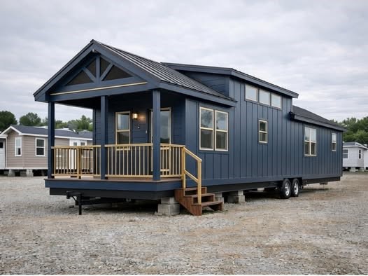 Modern luxury navy blue farmhouse-style park model tiny home featuring a large integrated front porch with natural wood railings, a matching gabled roof with decorative timber accents, and a professional multi-axle chassis for mobility. The high-end architectural design showcases a deep blue board and batten exterior with contrasting tan window frames, energy-efficient clerestory windows for maximum natural light, and a durable black metal roof. This premium "full rank" SEO-optimized small-space living solution is ideal for a custom-built vacation retreat, a stylish backyard accessory dwelling unit (ADU), or a luxury prefab cabin designed for modern elegance and high-end curb appeal.