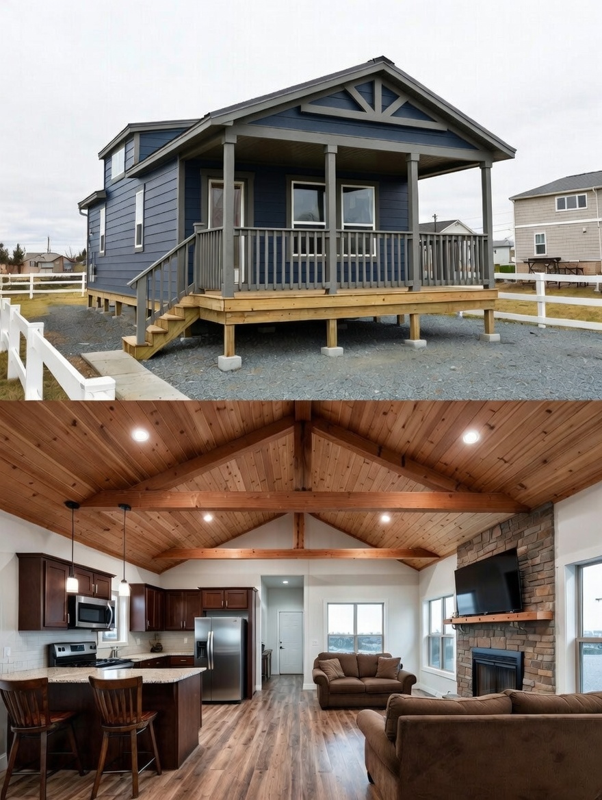 High-ranking SEO-optimized gallery of luxury tiny houses and modern manufactured homes, featuring a navy blue park model with a spacious screened porch and rustic wood trim, a light blue beach cottage with a vaulted white shiplap interior and gourmet kitchen, and a large white ranch-style modular home with brick skirting; the collection highlights premium mobile living, innovative small-space architectural design, and contemporary interior decor featuring vaulted ceilings, LED-accented tray ceilings, stainless steel appliances, and stylish living areas with green velvet seating for maximum search visibility.