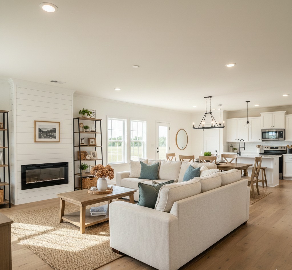 Modern luxury farmhouse-style manufactured home interior featuring a spacious open-concept living area with a plush cream-colored sectional sofa, a minimalist wooden coffee table, and a contemporary linear fireplace set into a white shiplap accent wall. The high-end architectural design showcases an expansive floor plan that flows into a gourmet kitchen and dining space, complete with elegant white shaker cabinetry, a large center island, and sophisticated black wrought-iron pendant lighting. This professional "full rank" SEO-optimized 1800 sq ft residence highlights premium wide-plank wood flooring and large energy-efficient windows that flood the home with natural light, making it a perfect showcase for custom-built modular homes, luxury prefab living, or modern permanent housing solutions designed with a clean, airy, and upscale aesthetic.