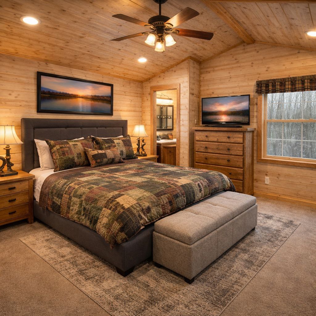 Cozy bedroom with wood-paneled walls, a ceiling fan, a bed with a plaid quilt, bedside tables with lamps, and a TV. Warm, rustic ambiance.