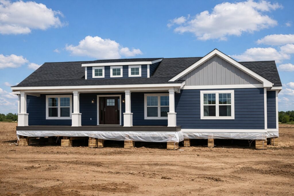 Modern dark navy blue modular ranch-style home featuring a wide covered front porch with white columns, a grey gabled roof, and white-trimmed windows, currently set on temporary blocks in a dirt construction site under a clear blue sky.
