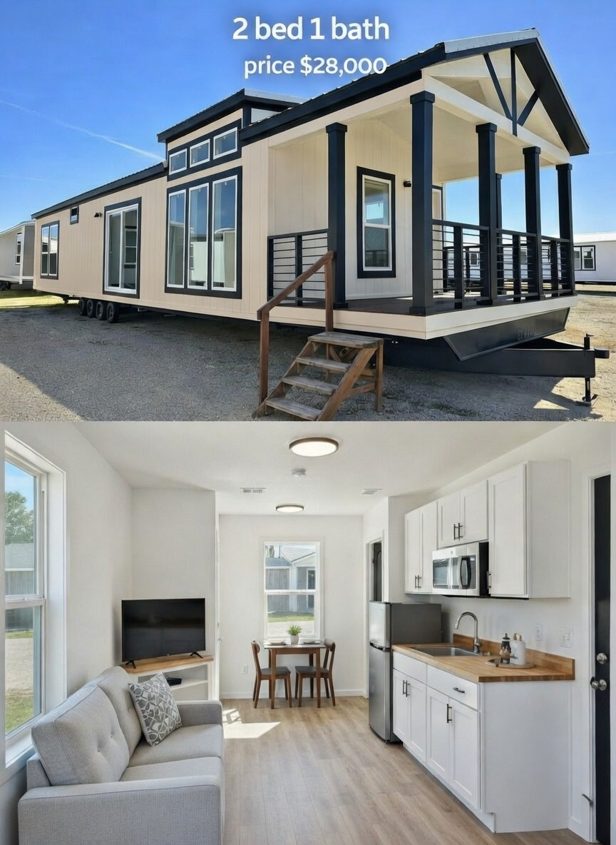 Affordable compact 2 bedroom 1 bath tiny modular home exterior and interior priced at $28,000 featuring charming modern farmhouse design with beige lap siding bold black trim accents gabled roof black-framed dormer windows spacious wraparound covered porch supported by black columns metal railings wooden stairs elevated trailer chassis under bright blue sky large energy-efficient windows for natural light cozy open-plan living area with plush gray tufted sofa wall-mounted TV small dining table set white shaker kitchen cabinets butcher block counters stainless steel appliances microwave refrigerator sink creating an ideal budget-friendly starter home tiny house cabin retreat or downsizing solution with high curb appeal functional layout and comfortable living space in this dream affordable manufactured tiny home model.