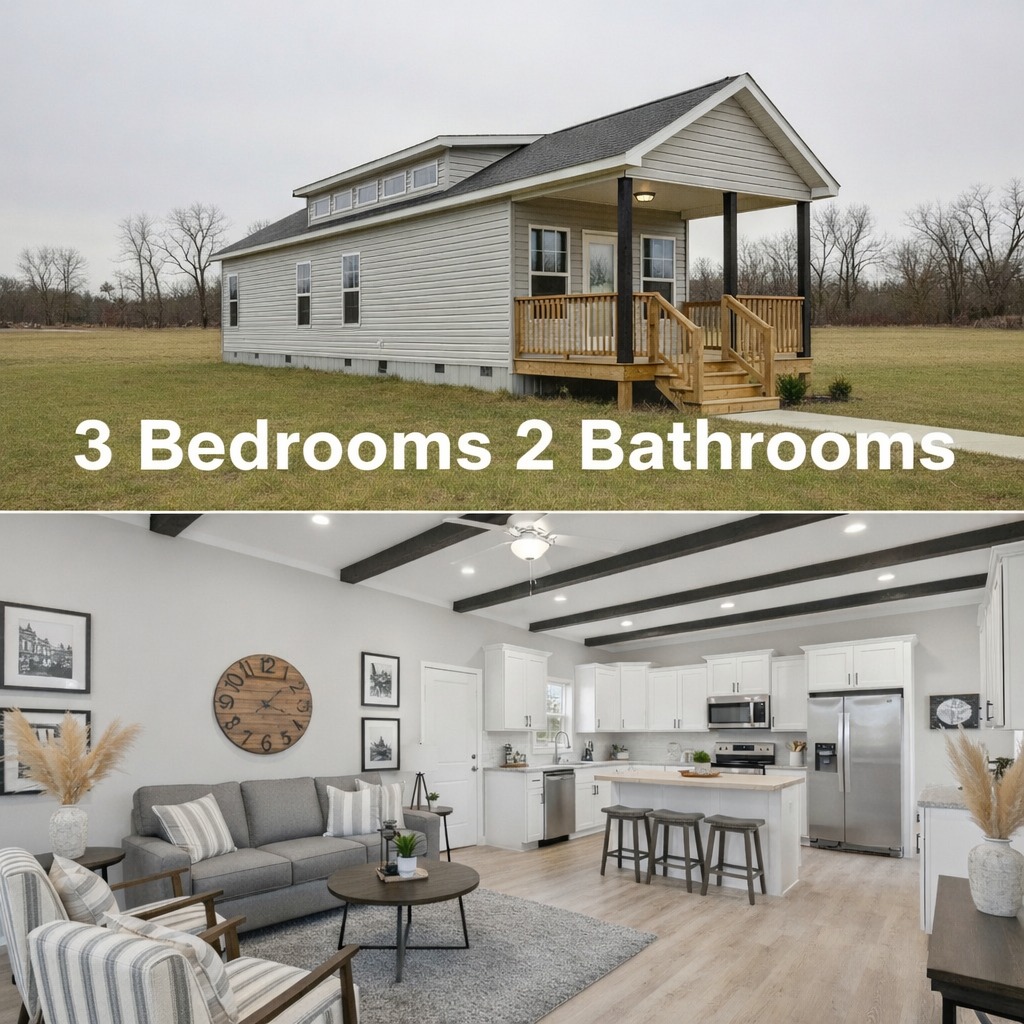 Modern luxury 3-bedroom, 2-bathroom park model home featuring a clean light grey horizontal lap siding exterior with a spacious covered front porch, natural wood railings, and a striking black-accented gabled roofline. The high-end architectural design transitions into a bright, open-concept interior showcasing a sophisticated living area with a grey sectional sofa, vaulted ceilings with dark industrial beams, and a gourmet white kitchen with a butcher block island, stainless steel appliances, and premium wide-plank flooring, perfectly capturing a "full rank" SEO-optimized aesthetic for luxury prefab family living or a custom-built vacation retreat.