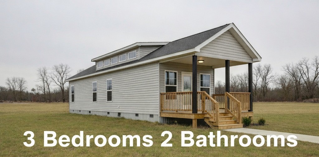 Modern luxury "3 Bedrooms 2 Bathrooms" park model tiny home featuring light grey horizontal lap siding, a classic gabled roof with a dormer for added interior height, and a spacious covered front porch with natural wood railings and black pillars. The professional architectural design includes energy-efficient white-trimmed windows and a clean white skirting base, set against a peaceful rural landscape to highlight a premium, high-capacity prefab living solution perfect for families seeking a custom-built vacation retreat or a sophisticated permanent small-space residence with maximum curb appeal.
