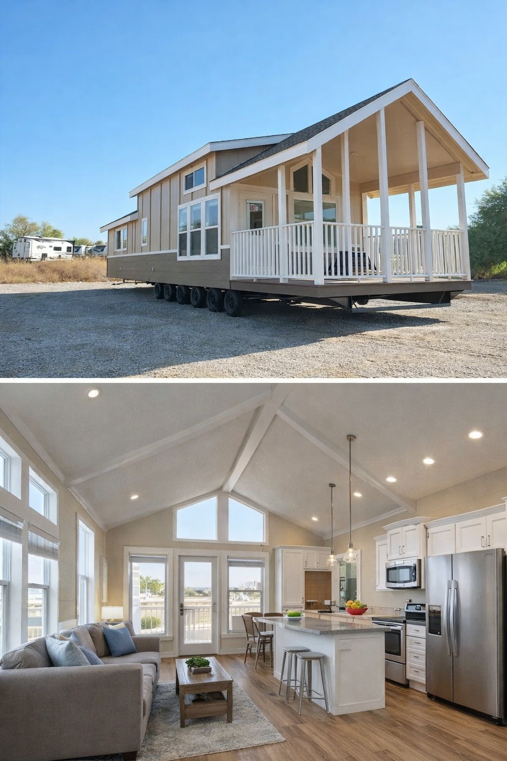 Exterior of a beige modular tiny home on wheels with a covered porch and interior view of a spacious living area and modern kitchen with vaulted ceilings, large windows, a sectional sofa, coffee table, and a kitchen island with bar stools.