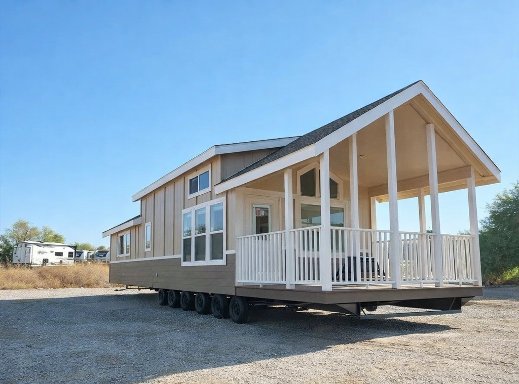 Modern beige modular tiny home with a white-railed covered porch, multiple windows, and a dark-toned base sitting on a multi-wheel trailer chassis outdoors under a clear blue sky, with other RVs parked in the background.