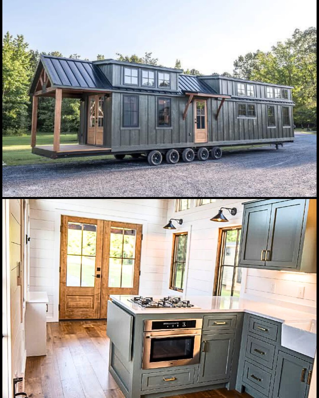 Modern luxury tiny home on wheels featuring dark charcoal vertical board and batten siding, a durable black metal gabled roof, and a stunning integrated front porch with natural cedar pillars and matching double French doors. The high-end architectural design is paired with an airy open-concept interior showcasing a gourmet kitchen with sage green shaker-style cabinetry, white quartz countertops, a professional-grade gas cooktop, and an integrated stainless steel convection oven. This premium "Denali" park model captures a sophisticated rustic-modern aesthetic with vaulted ceilings, industrial-style wall sconces, and high-end wide-plank flooring, offering a perfect "full rank" SEO-optimized small-space living solution for luxury prefab houses or custom-built vacation retreats.