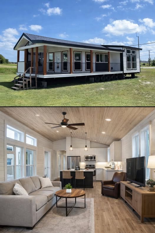 Modern luxury farmhouse interior featuring an open-concept living space with a large marble-patterned kitchen island, white shaker cabinetry, and industrial pendant lighting, seamlessly flowing into a bright lounge area with vaulted ceilings, a black multi-blade ceiling fan, and elegant wood-look flooring for a sophisticated 4-bedroom move-in ready turn-key residential home design.