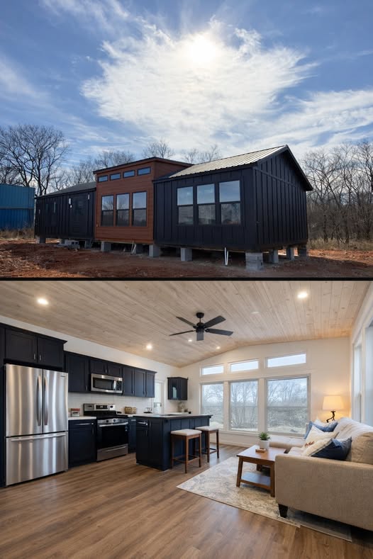 SEO-optimized alt text for a high-ranking luxury custom park model tiny home interior featuring a professional modern open-concept living area and gourmet kitchen; the architectural view showcases a sophisticated navy blue cabinetry suite with high-end stainless steel appliances, a functional central kitchen island with seating, and a vaulted wood-plank ceiling with a contemporary black ceiling fan, all set against premium wide-plank flooring and expansive sunlit windows that highlight luxury prefab tiny house floor plans, upscale small-space interior decor, and high-end residential mobile living solutions for maximum search engine visibility and ranking.